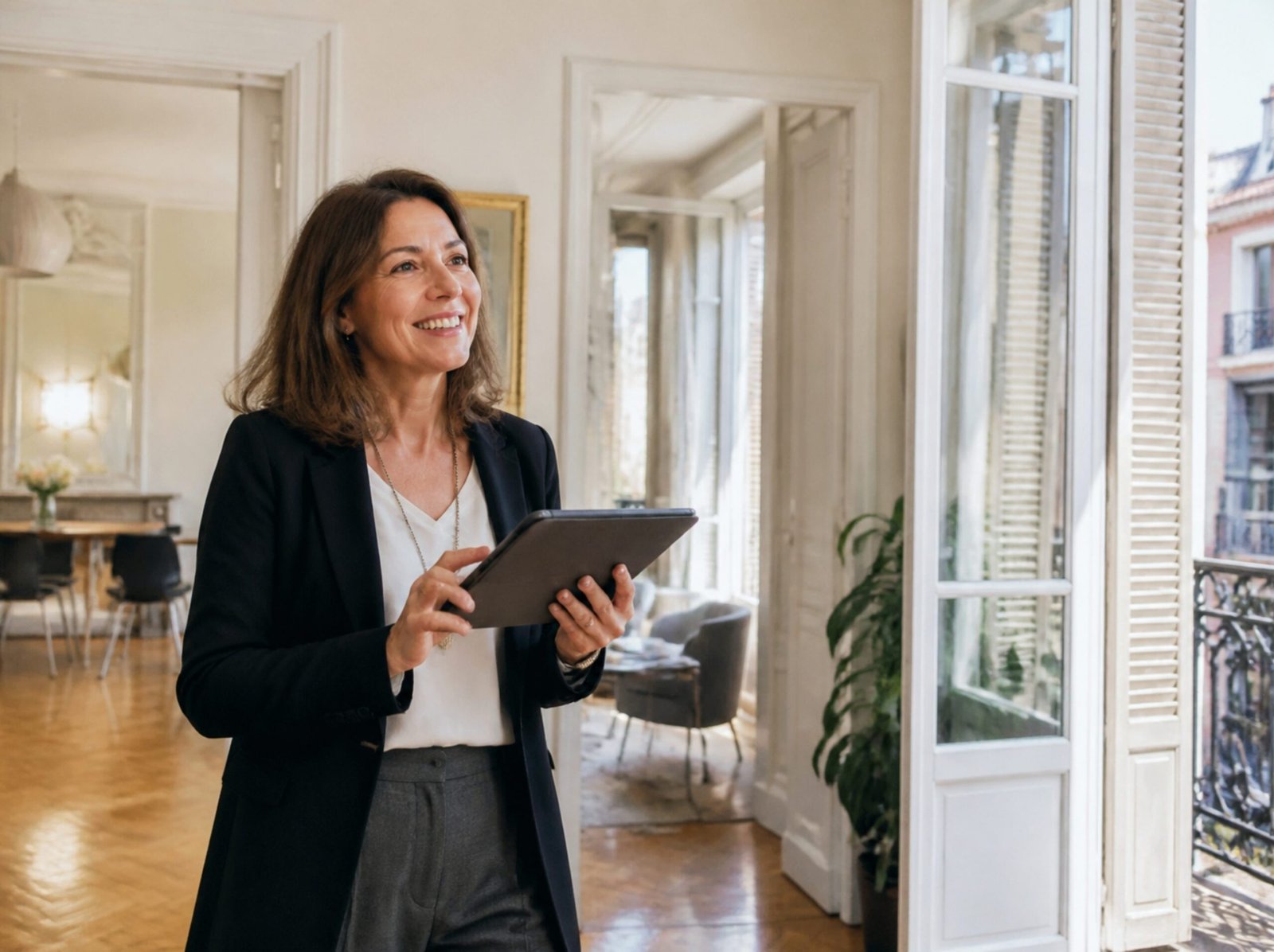 Conseillère immobilière estimant un appartement à Nice